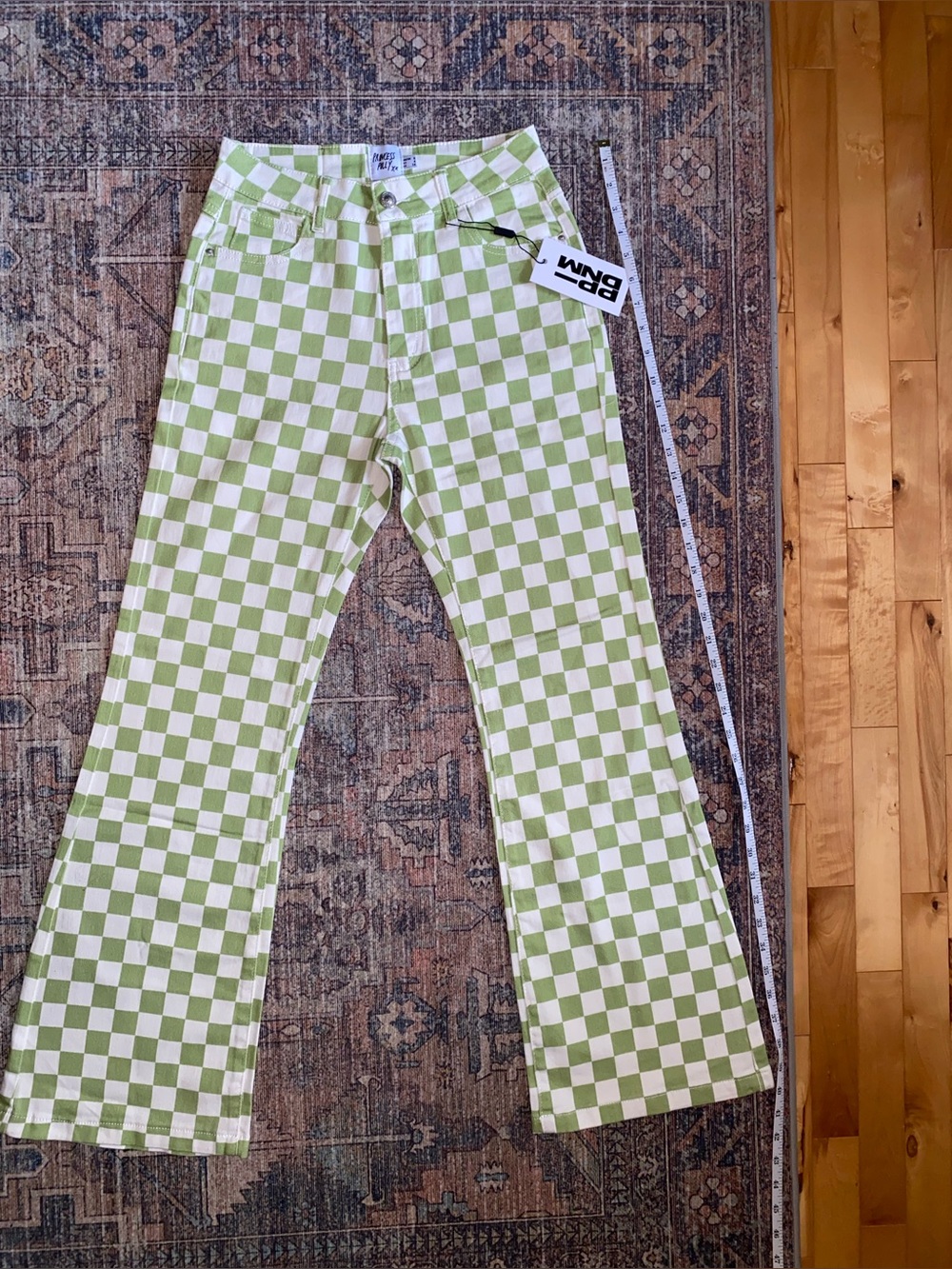 Princess Polly Checkerboard Flare Jeans in Light Green & White